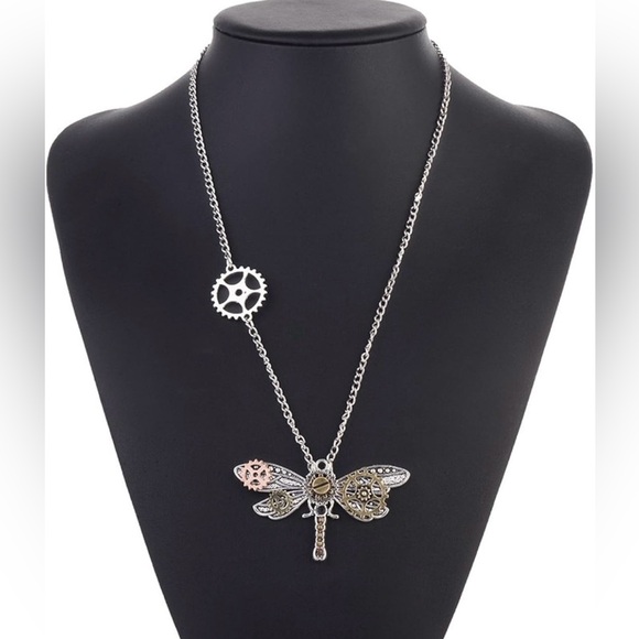 Steampunk Dragonfly Gear Necklace and Lucky Tree Brooch Set - Picture 5 of 7
